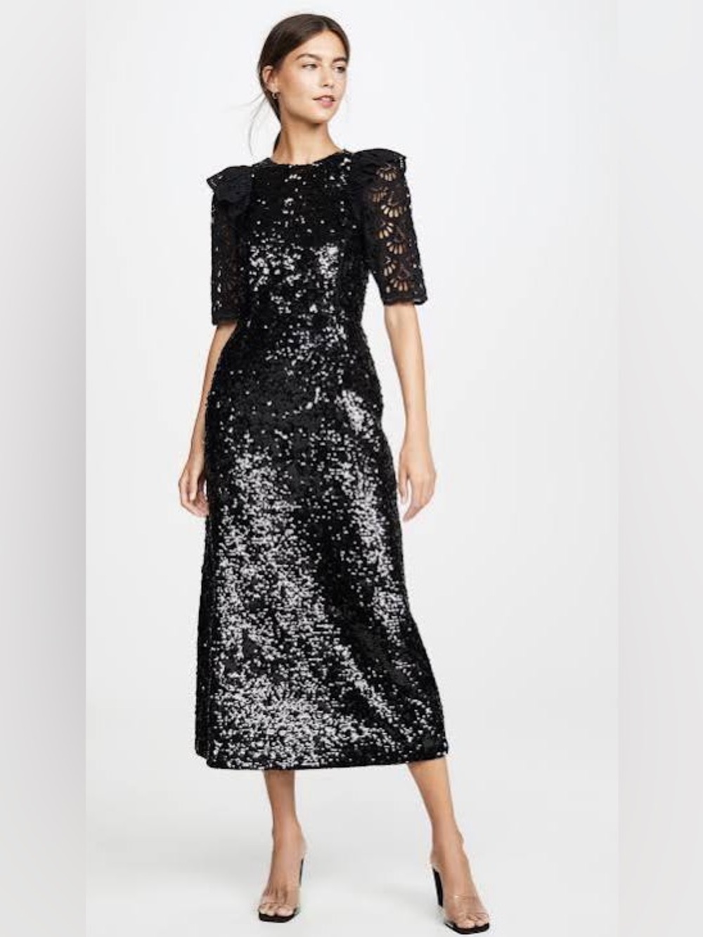 SEA New York | Black Sequin Midi Dress eyelet short sleeves women’s Size 8